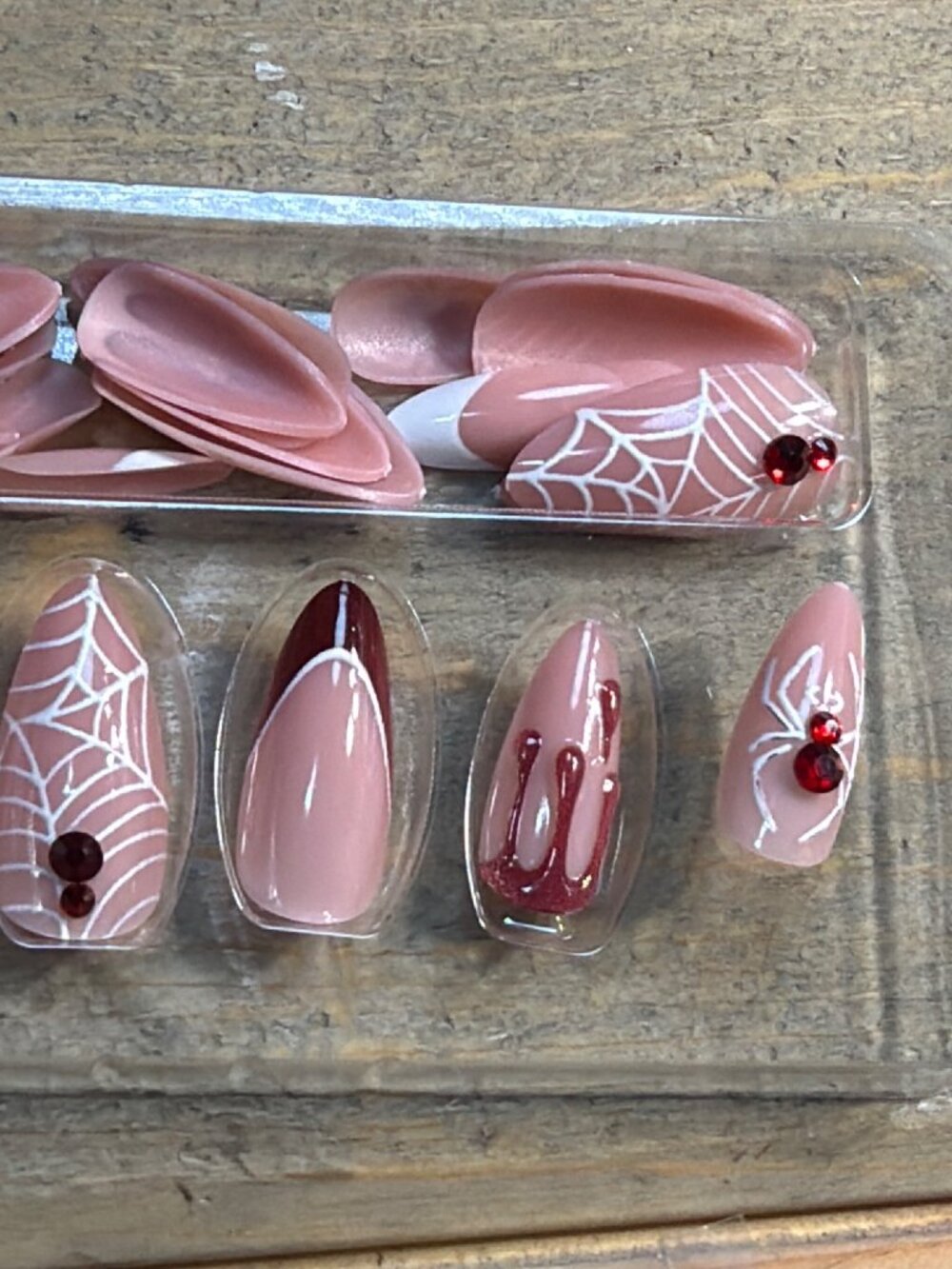 Halloween Spider Web & Ghost Press-On Nails 24 Pcs Nude & White With Red Rhinest - Picture 5 of 7